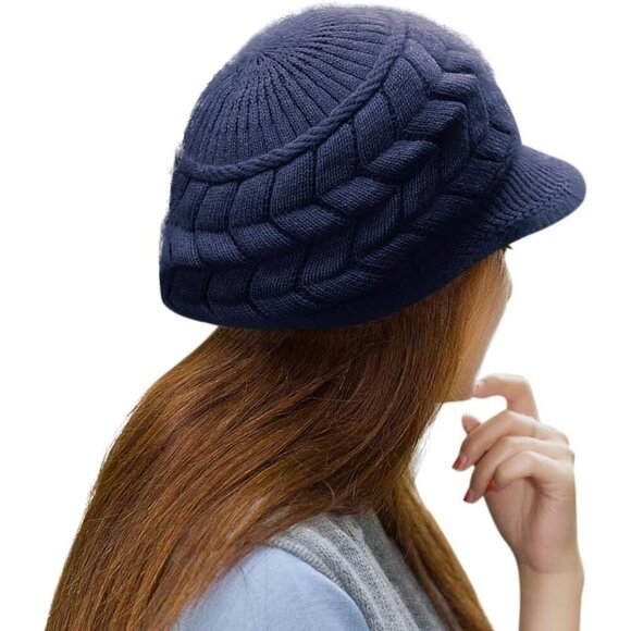 〽️Women’s Navy Winter Warm Knit Wool Snow Ski Hat with Visor main image 5